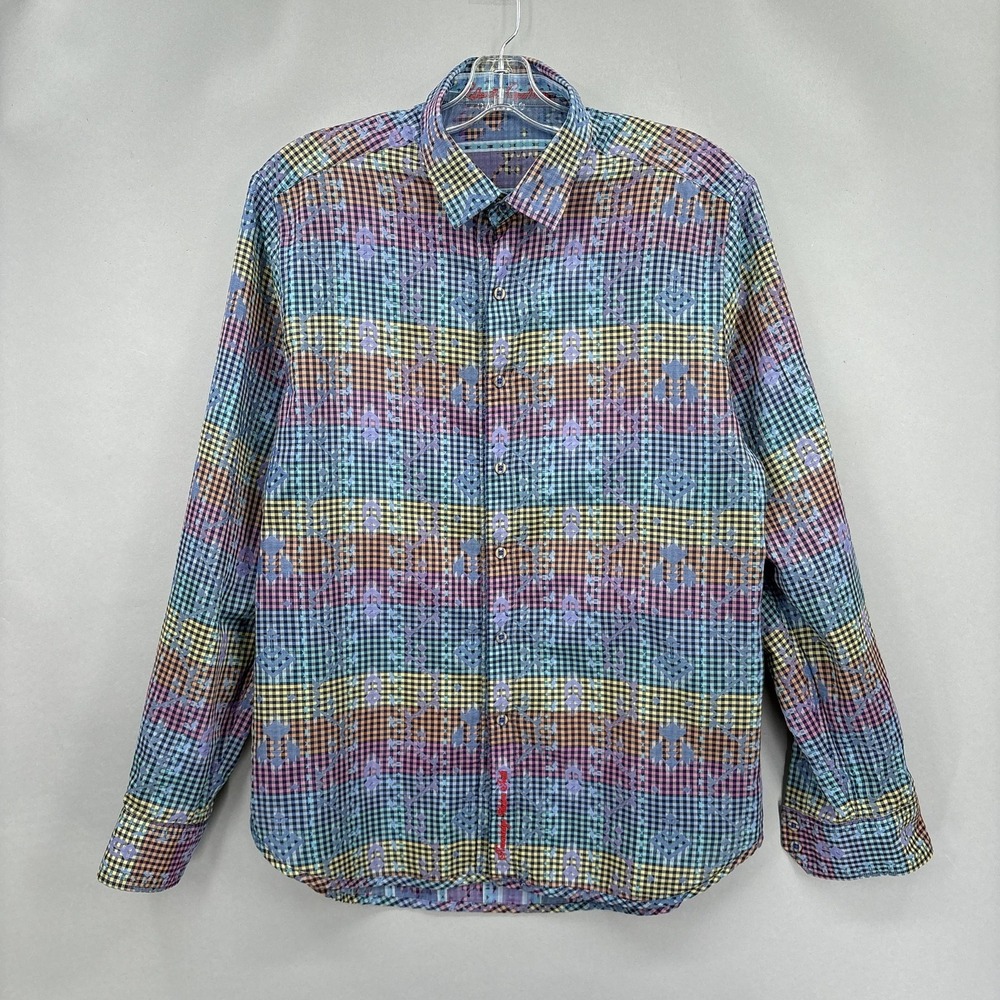 Robert Graham Shirt Mens XL Blue Purple Reversible Gingham Geometric‎ Jacquard - Picture 3 of 15